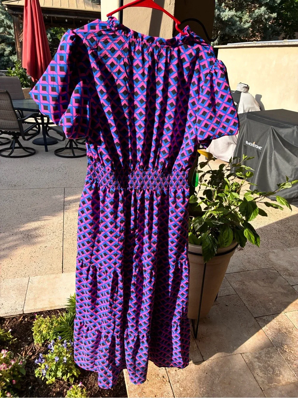 Vintage Inspired Pink & Blue Geometric Midi Dress - Women Size M - Picture 2 of 5